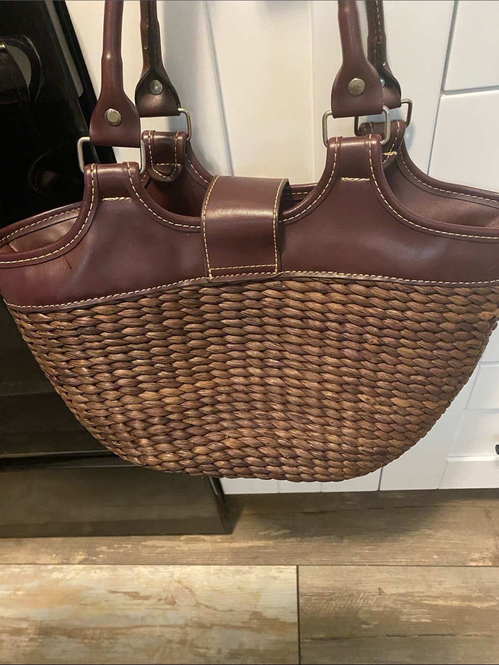 Woven Straw Tote with Brown Leather Trim - Picture 4 of 7